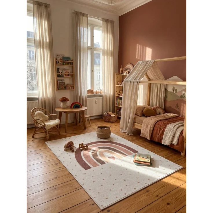 KADIMA DESIGN Kinderteppich TINO Kinderteppich Waschbar Kinderzimmer Schadstoffgeprüft, Läufer, Höhe: 10 mm, Creme, 80x150 cm, Kinderteppich Waschbar Spielteppich – Bild 1