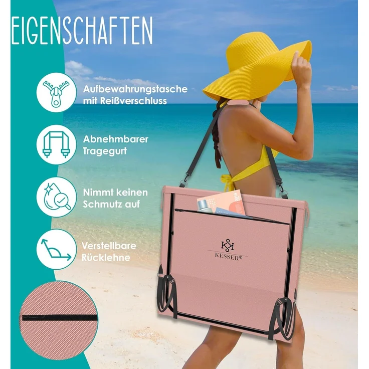 KESSER 2er Set Strandmatte mit verstellbarer Rückenlehne & Tragegurt, klappbar, max. 130 kg, wasserdichter Handyhülle & Tragetasche – Bild 4