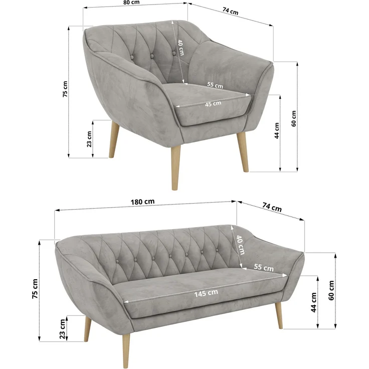 Wohnzimmerset, Möbelset PIRS 3-3-1, Armlehnen, Wellenfederung, Buche Füße, Dreisitzer Sofas mit Sessel, Polstermöbel Set - Hellgrau Velvet – Bild 5