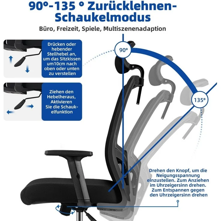 Hiazurm Bürostuhl Bürostuhl, Ergonomischer Schreibtischstuhl, Drehstuhl, Chefsessel (Verstellbare Armlehne,leise Rolle,Bis 155 kg belastbar, Atmungsaktiv,Sitzhöhe Einstellung,Wippfunktion 90°-135), Mit Lendenkissen, Schwarz – Bild 3
