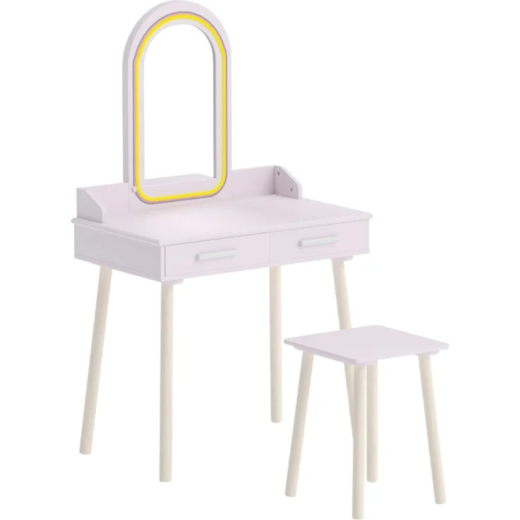 inder Schminktisch Set 2 in 1 Frisiertisch Schreibtisch mit Hocker LED-Spiegel in 3 Lichtfarben 2 Schublade 3-8 Jahre--Rosa--60x36x100cm--YOUDENOVA – Bild 1