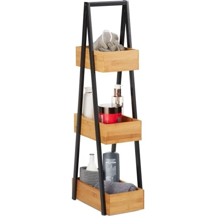 Relaxdays Badregal mit 3 Ablagen, Bambus natur / schwarz, 18 x 30 x 82 cm
