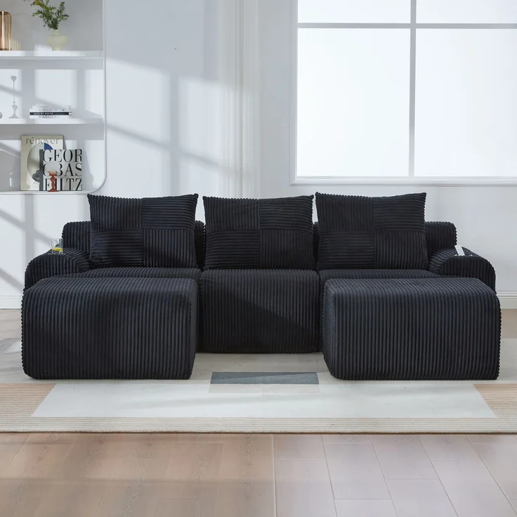 Sofa 3-Sitzer 268x174x80 cm mit schwarzer Cord-Sitzfläche, modular, Cupholder und Seitentasche – Bild 2
