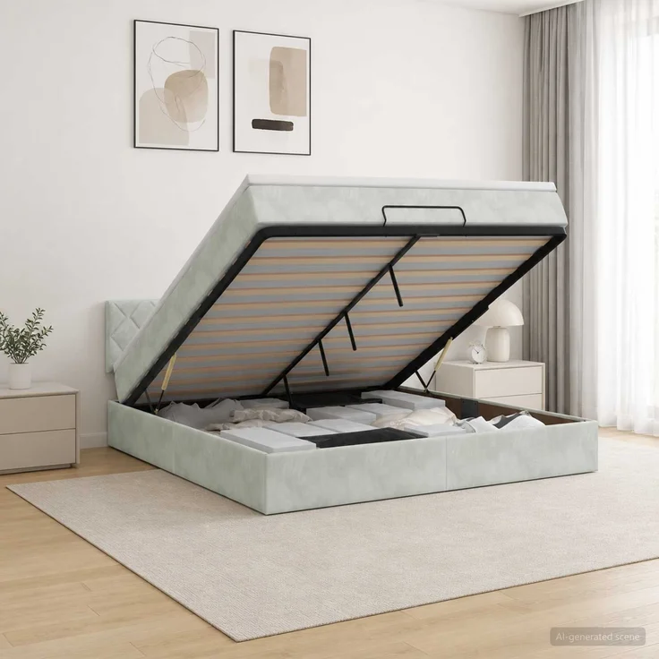 vidaXL Ottoman-Bett mit Matratze und LED Hellgrau 140 x 200 cm Samt 3457215 – Bild 1
