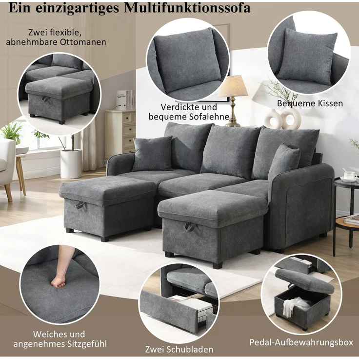 DESVIAE Sofa mit Schlaffunktion, Stauraum und 2 Hockern, Chenille, Dunkelgrau, 188 x 186 x 86 cm – Bild 4