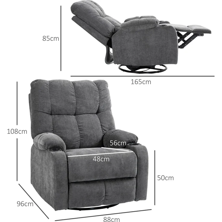 Wohnora-Relaxsessel mit Fußstütze, Liegesessel, drehbar, bis 150 kg, Stahlrahmen, 88x96x108cm, Dunkelgrau,H 1080cm x T 880cm x B 960cm – Bild 4