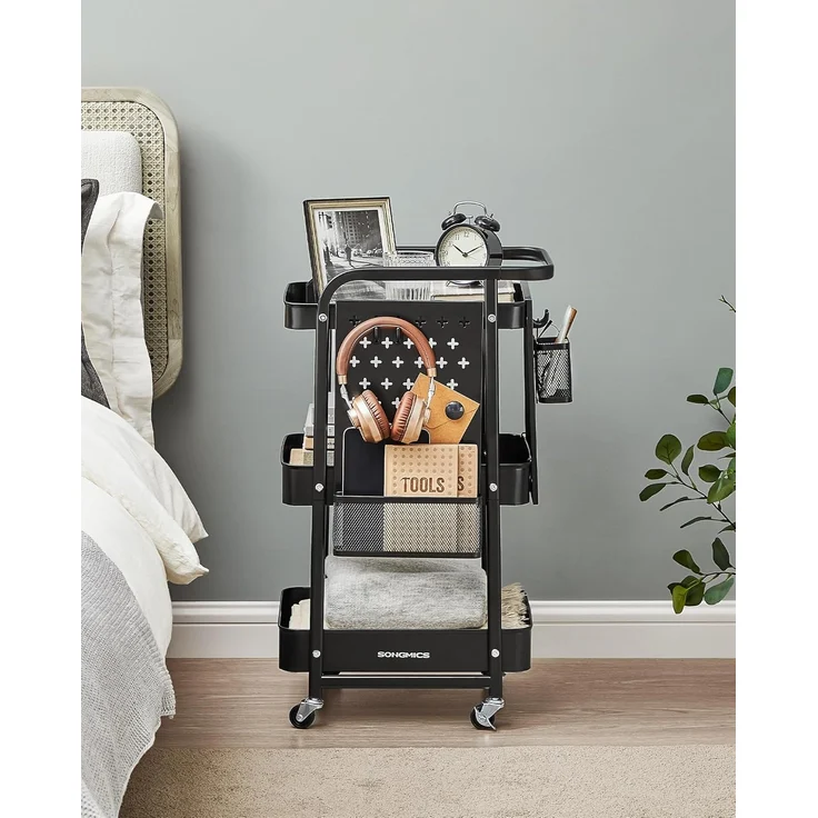 SONGMICS Rollwagen, Küchenwagen, 3 Metallgitterablagen, Servierwagen, 2 abnehmbare Lochplatten, 2 Hängekörbe, 4 Haken, für Büro, Küche, Wohnzimmer, Badezimmer – Bild 3