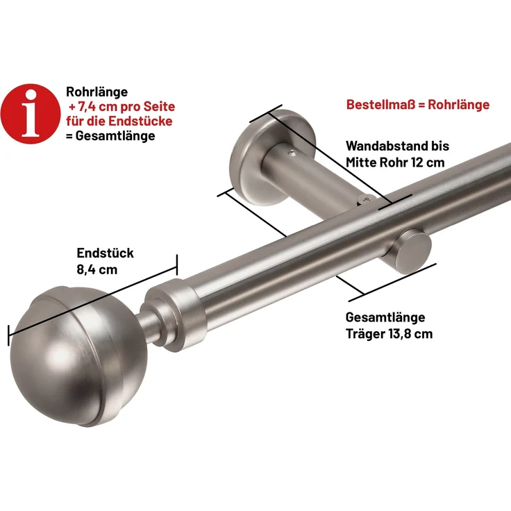 Deco-Raum® Gardinenstange 1-lauf 25mm Kugel | Länge: 230cm | Material: Metall | Farbe: Edelstahl-optik – Bild 2