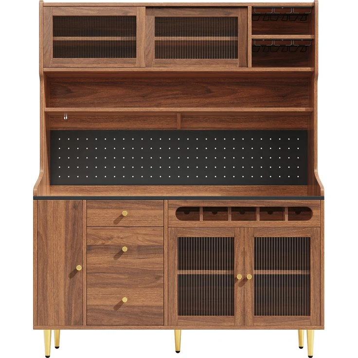 Hochschrank 145x39x171 cm mit LED-Beleuchtung, Glasschiebetüren und Weinfach - Walnuss – Bild 5