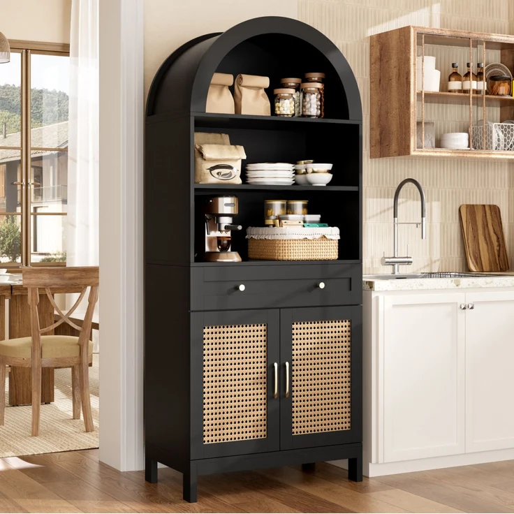 DESVIAE Vitrine Schwarz-Holzoptik – 70x170x40 cm – Rattantüren, Schublade – Bild 9