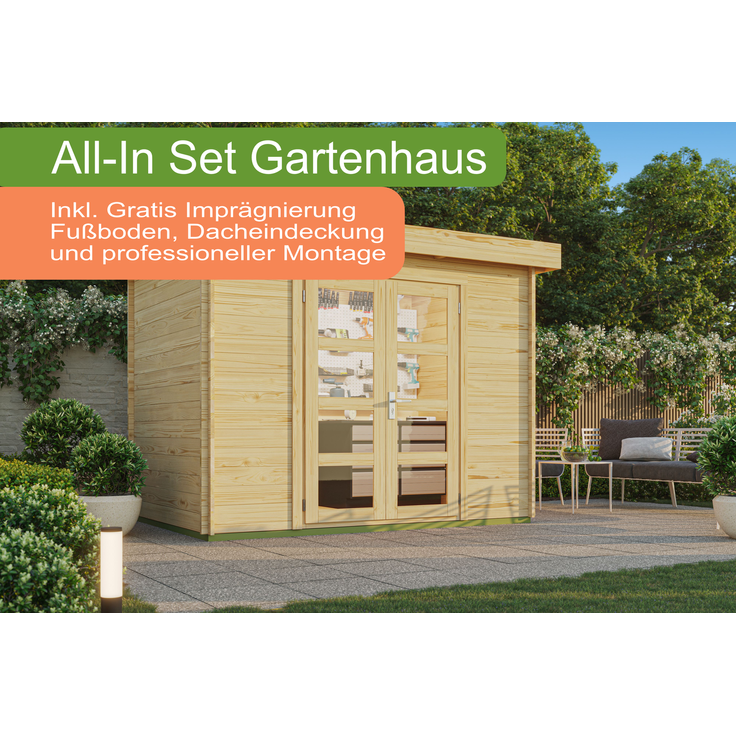 All-In Gartenhaus + Flachdach 300 x 200 cm inklusive Montage (wahlweise) Natur