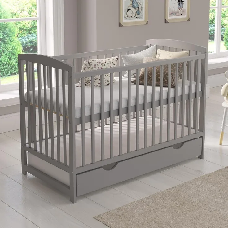 Babybett Gitterbett Grau mit Schublade 120x60 cm + Schaumstoffmatratze + Sicherheitsgitter aus Holz + Schutzhülle