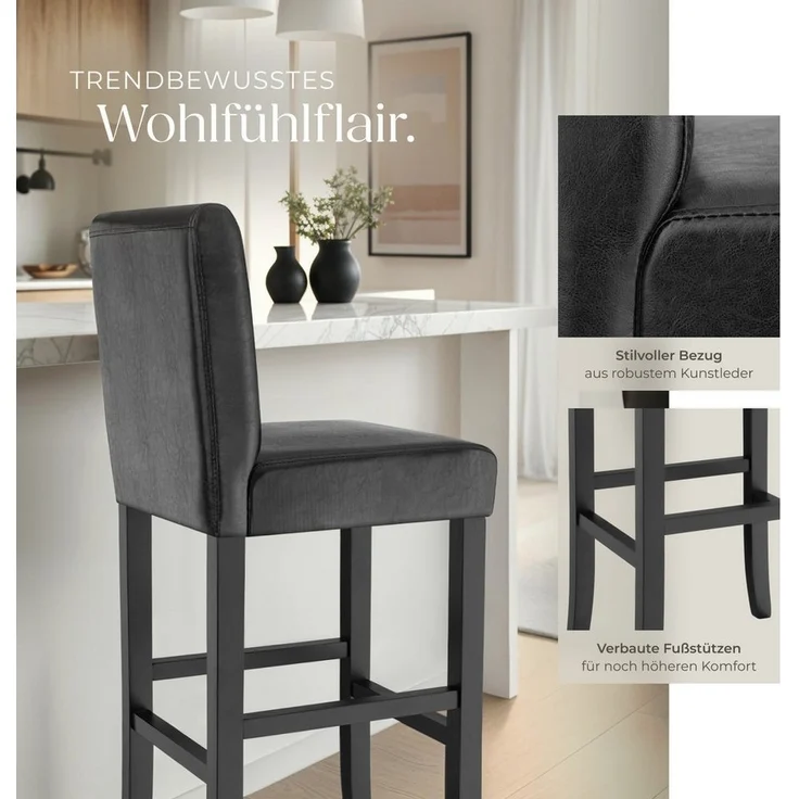 tectake Barhocker Barstuhl aus Kunstleder, gepolstert mit Rückenlehne, Stuhlbeine aus Massivholz, Sitzhöhe 76 cm – Bild 3
