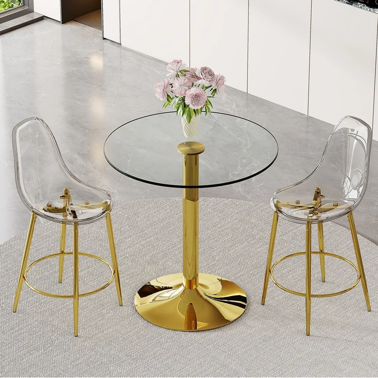 Bartisch-Set mit 2 Barhockern, Tisch Ø 89x92 cm – Glasplatte und goldfarbenes Metallgestell – Bild 4