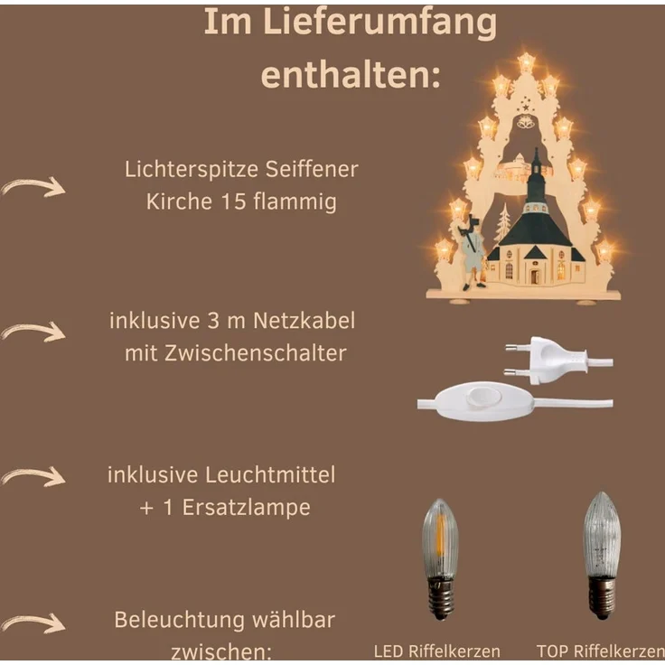 Weigla Lichterbogen Seiffener Kirche, große Lichterspitze aus Holz, Made in Germany (1-tlg), Erzgebirge garantiert, Weihnachtsdeko Innen, Weihnachtsbeleuchtung – Bild 2