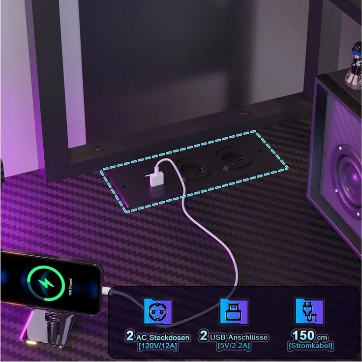 HOMALL Schreibtisch L-förmiger Gamingtisch mit Regal, LED-Leuchten, Steckdose & Schubladen (Maße: 115 cm, mit Vitrine, 4 Stoffschubladen und Haken, links oder rechts montierbar) – Bild 4
