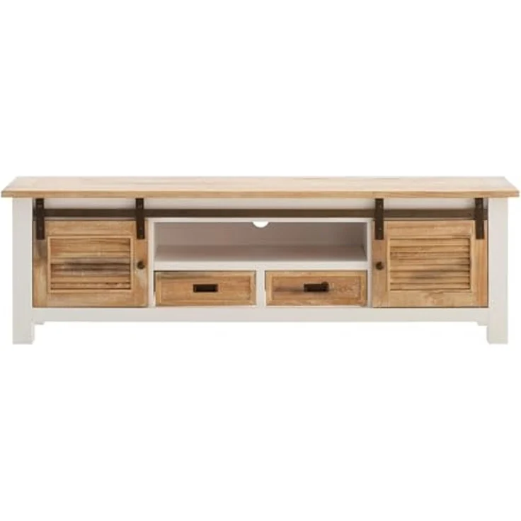 Rustikales TV-Lowboard Capera aus Massivholz Pinie 180 cm weiß braun mit Schiebetüren und Schubkästen - massivum – Bild 7