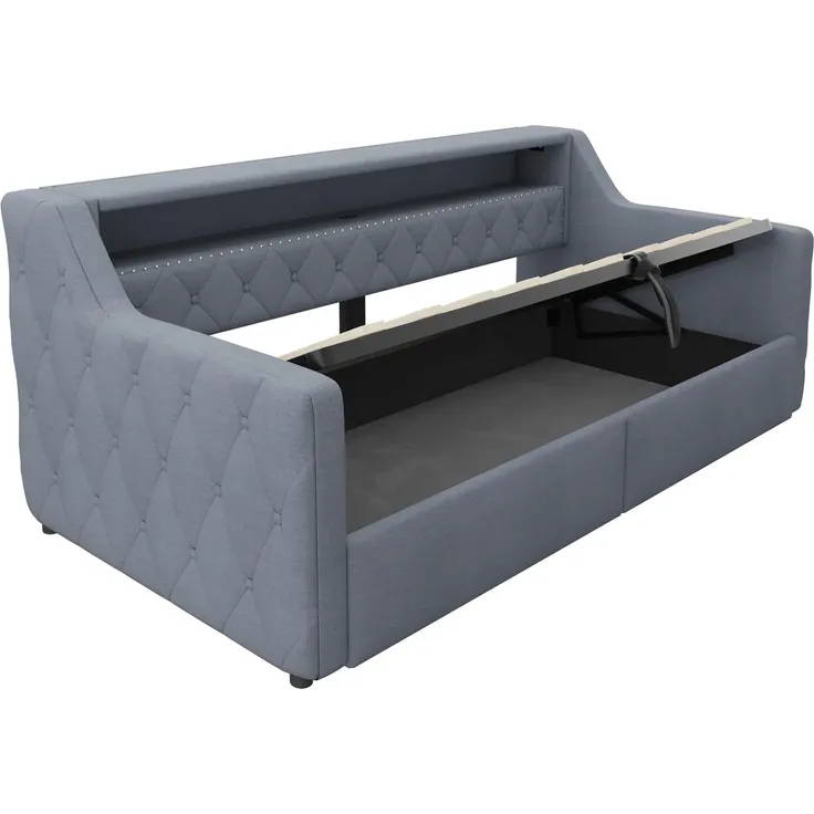 Schlafsofa mit LED-Beleuchtung und Aufbewahrung, Polsterbett mit Lattenrost, 90x200 cm, Einzelbett, Jugendbett, Leinen – Bild 9