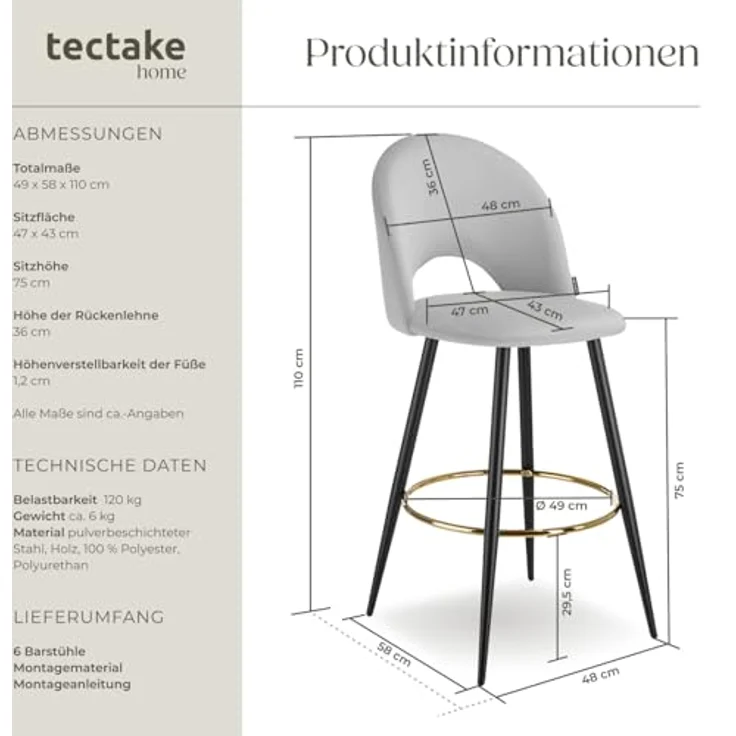 tectake Barstuhl Sachel, Hellgrau, gepolsterter Bistrostuhl mit stabilen Stahlbeinen und Fußstütze, 49x110x58 cm – Bild 3