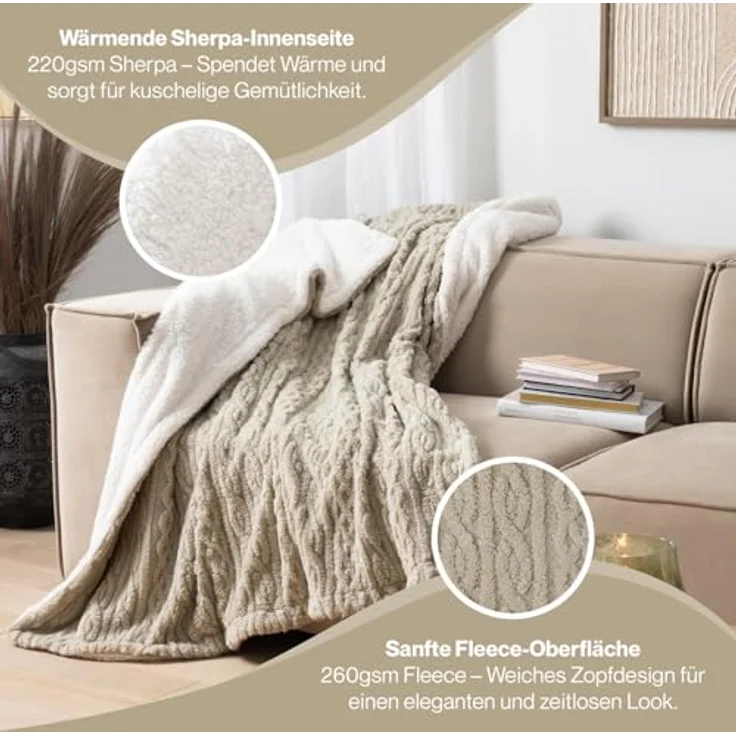 Blumtal Kuscheldecke Sand, Rechteckig 130x150 cm, Oeko-Tex® Standard 100, Flauschige Zopfstrick-Optik mit Sherpa-Innenseite – Bild 5