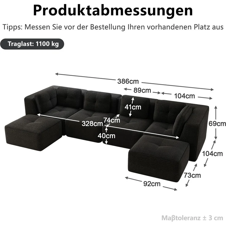 EINHOM Modulares Wohnzimmersofa ohne Gestell, modulares Ecksofa, U-förmiges Sofa mit Ottomane, tiefes Schlafsofa, rutschfestes Design, keine Montage erforderlich, Schwarz – Bild 2
