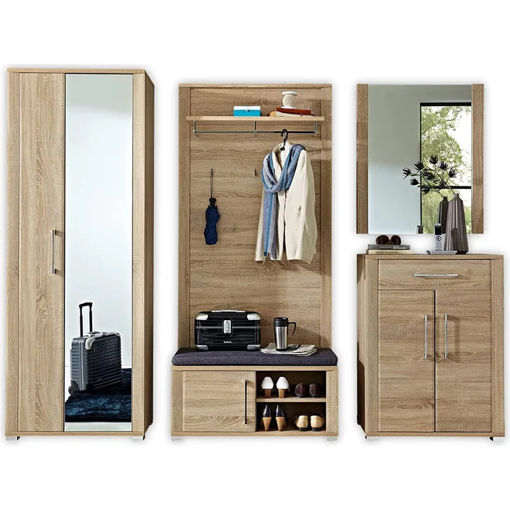 Garderobe GO 5-tlg Garderobenschrank Paneel Bank Schuhschrank Spiegel Eiche Sonoma