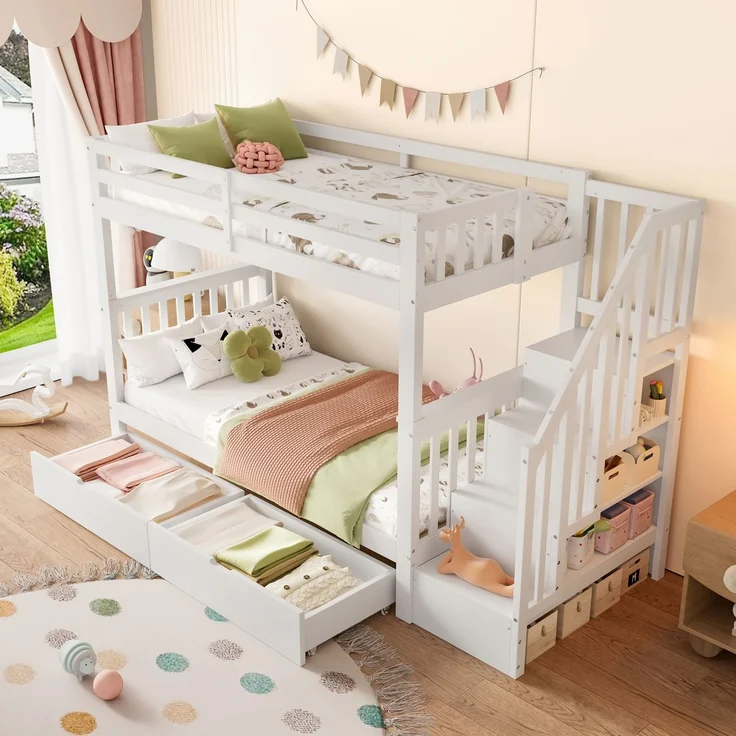 Etagenbett 90x200 cm mit Treppenregal, zwei Schubladen, hohes Sicherheitsgeländer mit Stauraum, Weiß – Bild 4