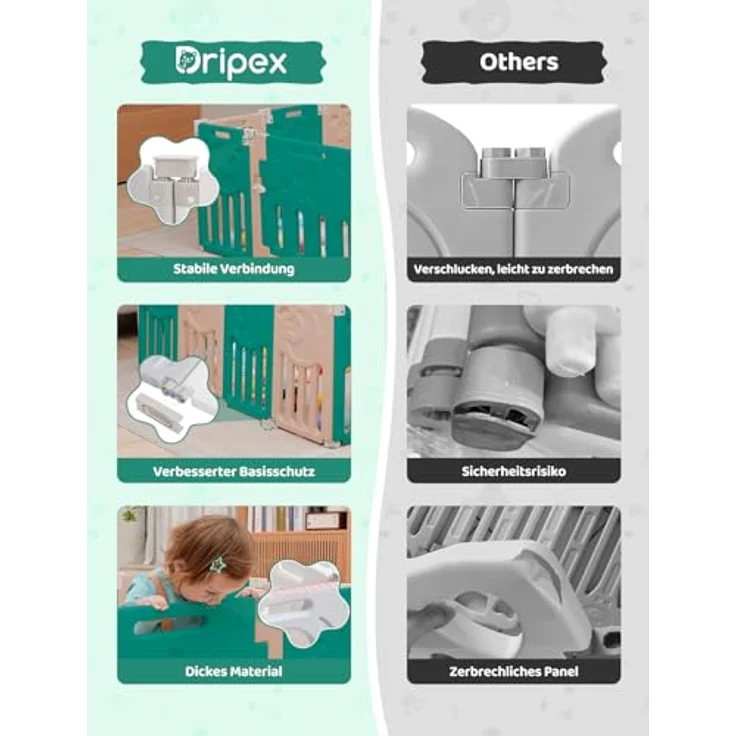 Dripex Faltbarer Laufstall Baby 150×150cm, Laufgitter Baby, Baby Playpen, Baby Laufstall mit Spielzeugboard, Laufstall in Anpassungsfähiger Form, Laufgitter aus Kunststoff, Braun – Bild 6