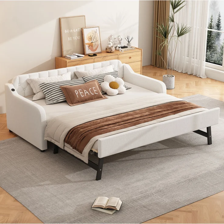 Bett 90x200 cm aus Leinen mit Ausziehbett und USB-Anschluss – platzsparendes Schlafsofa – Bild 2