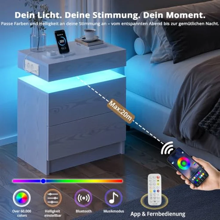 IRONCK Nachttisch 2er Set mit LED & Steckdose, Weiß | Nachtkonsole 48x35x60 cm mit USB-Anschluss, 2 Schubladen Modernes Design für Schlafzimmer, Wohnzimmer – Bild 5