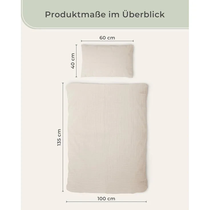 Laynenburg Kinderbettwäsche Musselin 2 teilig aus 100% Baumwolle in 100x135 cm + 40x60 cm, atmungsaktiv & bügelfrei – 3 lagig mit Reißverschluss & Haltebändern – Bild 3