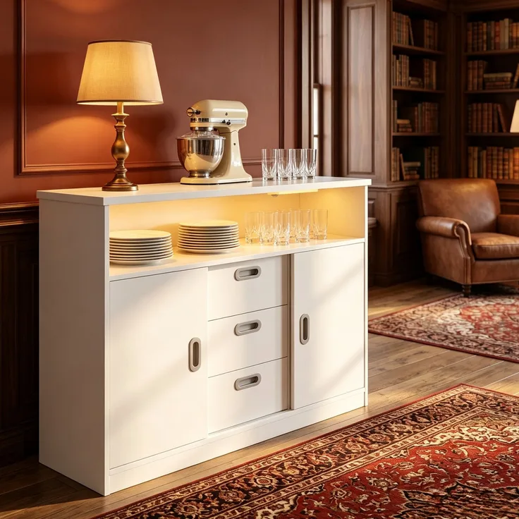 Halupeit Weißes Sideboard für Küche/Wohnzimmer mit Schiebetüren, drei Schubladen, verstellbaren Einlegeböden, Steckdosenleiste und LED-Ambientebeleuchtung, 33,5 x 100,5 x 80,5 cm