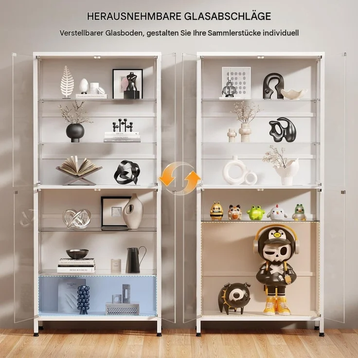 Glasvitrine 75x35x181 cm, 6-stöckige Vitrine mit LED-Beleuchtung, verstellbaren Glasböden und Sensor, Weiß – Bild 6