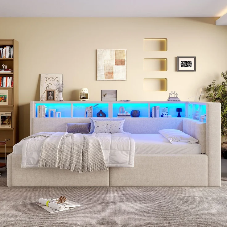 Stauraumbett mit LED-Beleuchtung, Lattenrost, Stauraum, Regal, USB und Type-C Anschlüssen, 90x200cm, Polsterbett, Einzelbett, Schlafsofa, Leinen – Bild 2