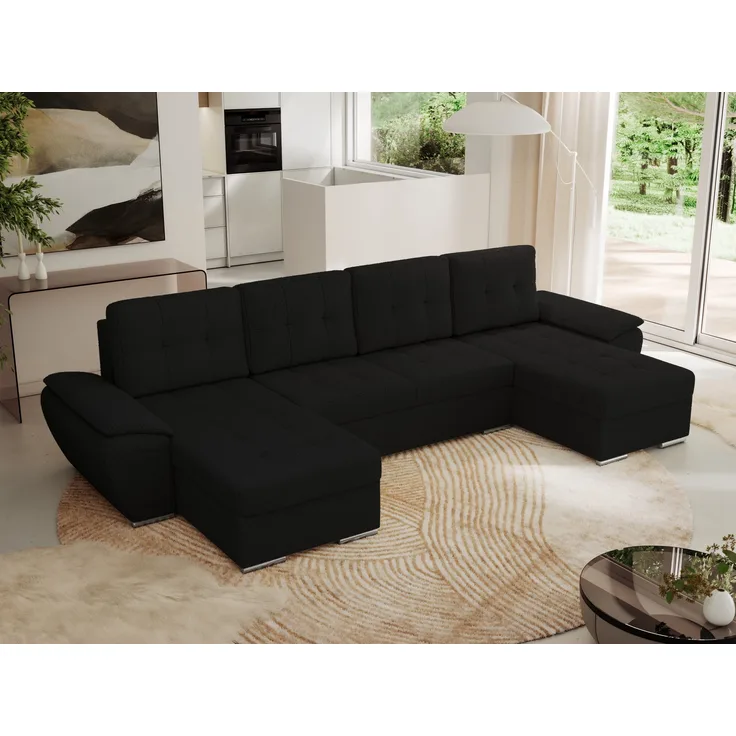 U-förmiges Ecksofa mit Schlaffunktion, genähter Sitz, zwei Armlehnen und losen Kissen - UMBRIA U - Schwarz Boucle