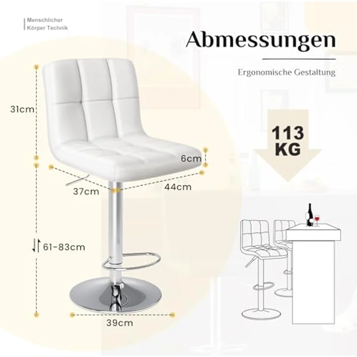 Sweetcrispy Barhocker 2er Set,PU-Leder Gepolsterter Barstuhl,Bistrohocker mit Lehne Fußstütze,360°Höhenverstellbar Drehbar Küchenhocker Designer Hocker,Tresenhocker für Bar,Weiß – Bild 4