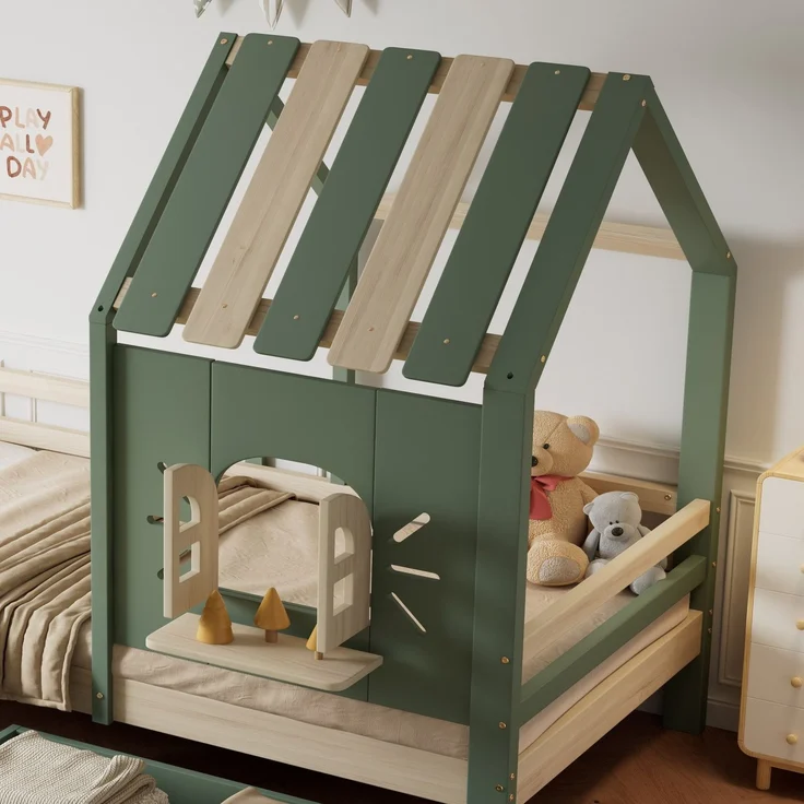 Hausbett mit Rausfallschutz, Lattenrost und Schubladen, 90x200 cm, Kinderbett, Kiefer, Einzelbett – Bild 5