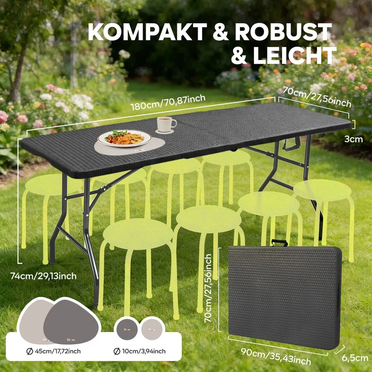 Eiryss Klapptisch 180cm Schwarz Rattan-Optik HDPE – Tragbarer Gartentisch mit 3 Sicherheitsverriegelungen, Camping & Picknick, 150kg – Bild 2