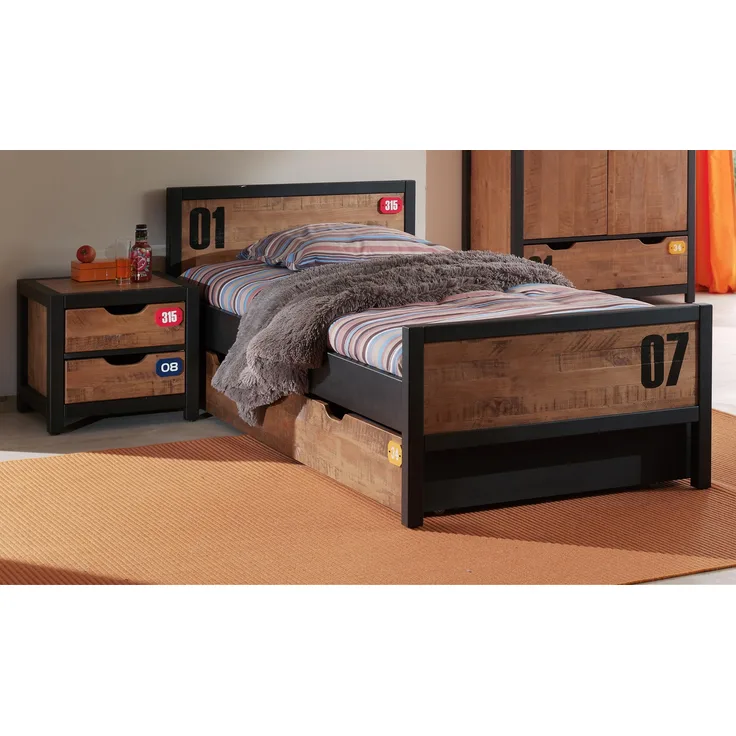 Set Alex best. aus Nachtkonsole, Einzelbett 90x200 und Bettschublade, Kiefer gebürstet, cognac