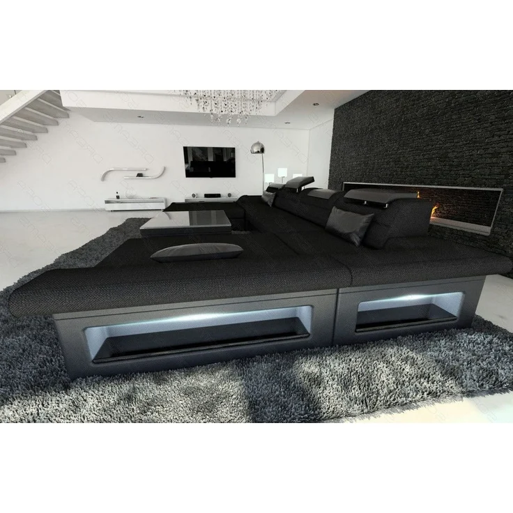 Stoff-Wohnlandschaft Monza LED U-Form - Strukturstoff - Schwarz-Schwarz - Rechts – Bild 4