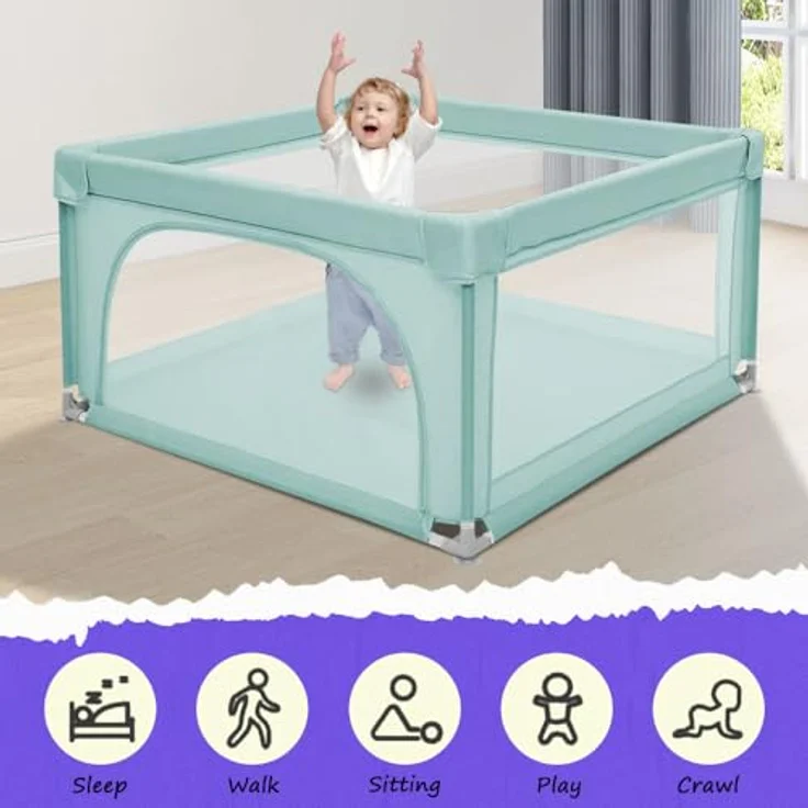 Baby Laufstall, Laufgitter klappbar, Ein-Knopf-Faltung & Sicherheitsschlössern, Krabbelgitter mit Netz & Reißverschluss, Laufgitterzelt für Kleinkinder,120 * 120 * 66cm – dunkelgrün – Bild 2