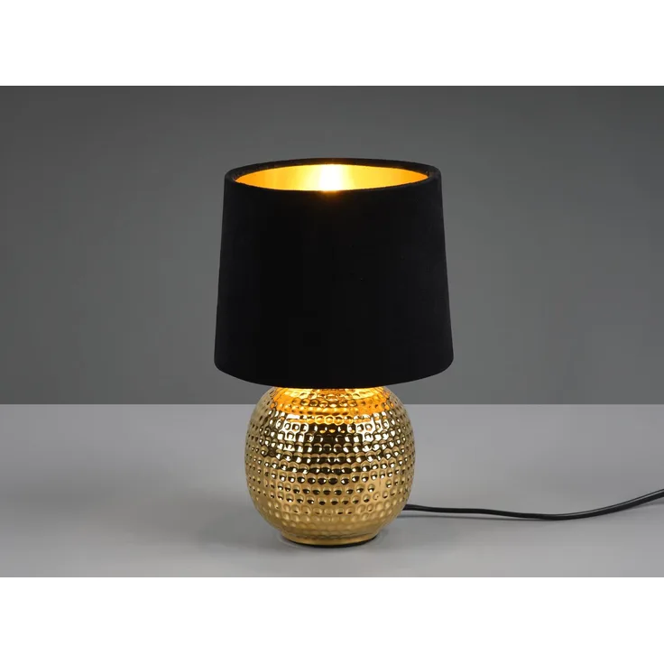 LED Tischleuchte mit Keramikfuß & Samtschirm Schwarz - Gold, Höhe 26cm