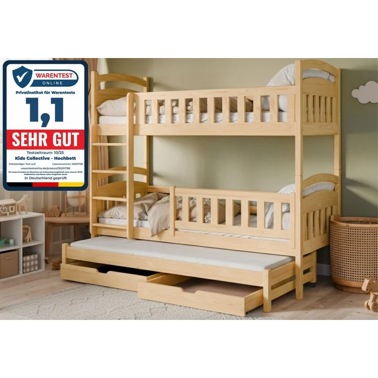 Kids Collective Etagenbett Hochbett Kinderbett 90x200 cm mit Lattenrost und Rausfallschutz, mit Ausziehbett, zwei Schubladen und drei Matratzen, natur – Bild 1
