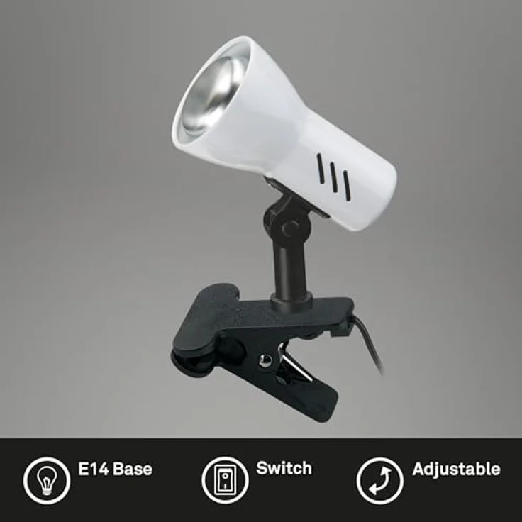 BRILONER - Nachttischlampe, Schreibtischlampe, Tischlampe, Leselampe, Bürolampe, Buch Klemme, Klemmlampe, Kinderzimmer, Schwenkbar, Schnurschalter, 1x E14, max, 40 Watt, 10,8 cm, Weiß – Bild 2