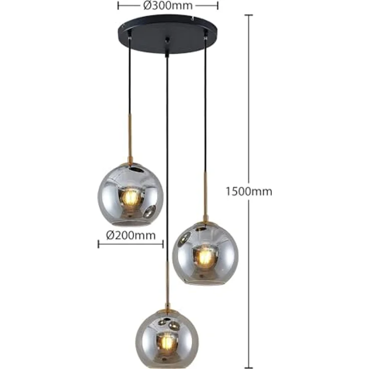 Lindby Hängelampe Jurian, 32 cm, 3-flg., mit rauchgrauen Glasschirmen und bronzenen Details – Bild 5