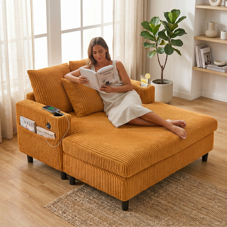 LVHOM Schlafsofa mit LED & USB, Cordstoff Palmensessel, Loungesofa mit Seitentaschen & Getränkehalter, 350kg Tragkraft, 128x85x142 cm, Gelb