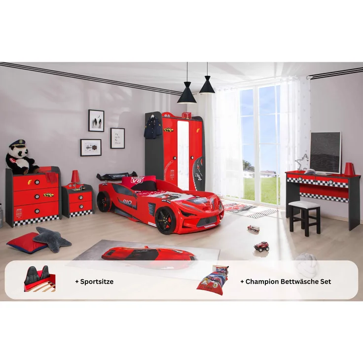 Kinderzimmer komplett Set mit Autobett Rio 5 teilig Rot