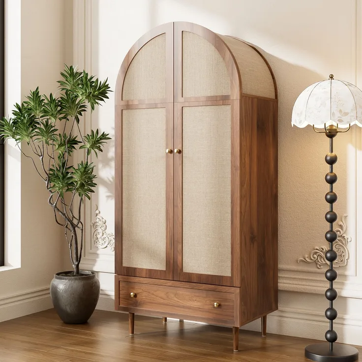 Kleiderschrank mit Schubladen, Holztüren mit Leinenstoff-Bezug, großer Stauraum, Garderobenschrank für Schlafzimmer, moderne Aufbewahrungslösung--Holz--79x50x175cm--YOUDENOVA