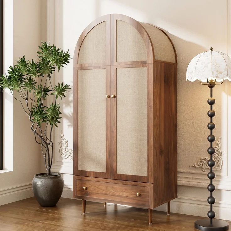 Kleiderschrank mit Schubladen, Holztüren mit Leinenstoff-Bezug, großer Stauraum, Garderobenschrank für Schlafzimmer, moderne Aufbewahrungslösung--Holz--79x50x175cm--YOUDENOVA – Bild 1