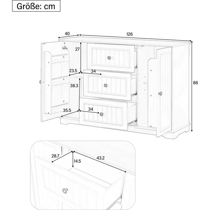 Sideboard 126x40x86 cm in Schwarz mit 3 Schubladen und verstellbaren Einlegeböden – Bild 5